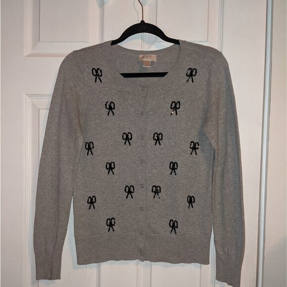 Ann Taylor Loft Gray Button Down Black Sequined Bows Cardigan S - Picture 2 of 12